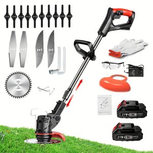 2pcs Cordless Electric Weed Wacker, 21V Grass Cutter with 3 Blades, 2 x 2.0Ah Batteries