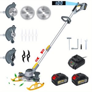 Electric Weed Eater,(21V 2 x 4.0A Weed Wacker Battery Powered), 4-in-1 Grass Trimmer/Wheel Edger/Mini-Mower/Brush Cutter, with 90?? Adjustable Head, Telescopic Pole and 3 Cutting Blade Types