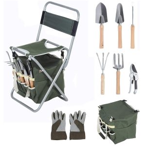 Garden Tools Set 9 Pieces, w/Folding Chair, Stainless Steel Heavy Duty Hand Tool w/Organizer Tote Bag, Wooden Handle & Gloves