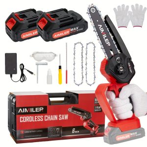 AIMILER Mini Wireless Chainsaw: 6-Inch Handheld Electric Chainsaw with Safety Lock, 2 Batteries, for Tree Cutting, Pruning, and Garden Cleaning