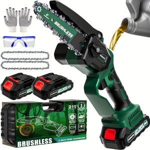 Brushless Mini Chainsaw 6 Inch Cordless-2 Batteries Powered Chain Saw Electric Chain Saws-Handheld Rechargeable Batteries Small Hand Saws With 2 Chains Power Operated For Tree Trimming Graden Pruning