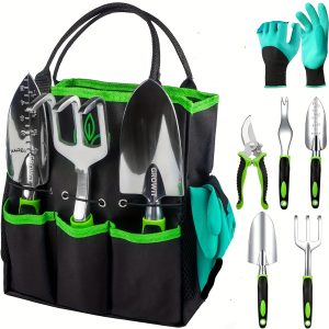 Heavy Duty Garden Gardening Tools 9-piece set - rust-proof, ergonomic gardening hand tools Garden gift for parents