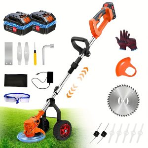 Electric Weed Wacker with Wheels, 2000mAh Battery Powered Weed Eater Cordless, 4 in 1 Lightweight Edger Brush Cutter Weed Trimmer, Stringless Grass Trimmer Mower with 4 Types Blades for Yard Garden